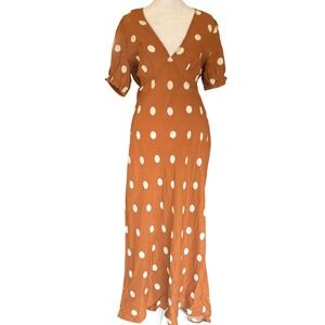 Polka Dot Empire Waist Silky Brown Maxi Slip Dress Medium Femme Romantic Spring